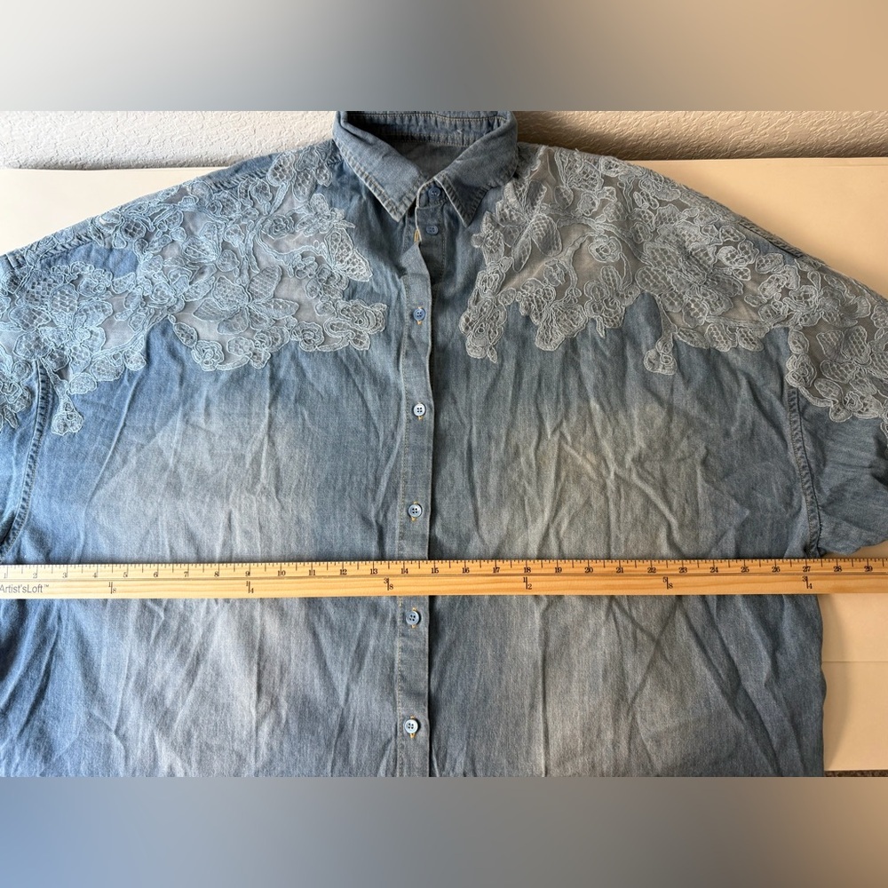 Women’s Oversized Denim Button Up Shirt 100% Cotton | Lace Detail - Picture 7 of 7